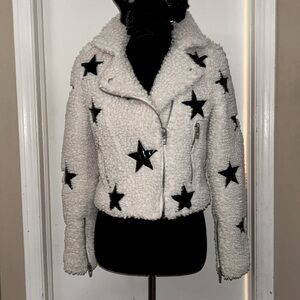 Blank NYC Womens White Fuzzy Star Print Full Zip Long Sleeve Jacket Size Small.
